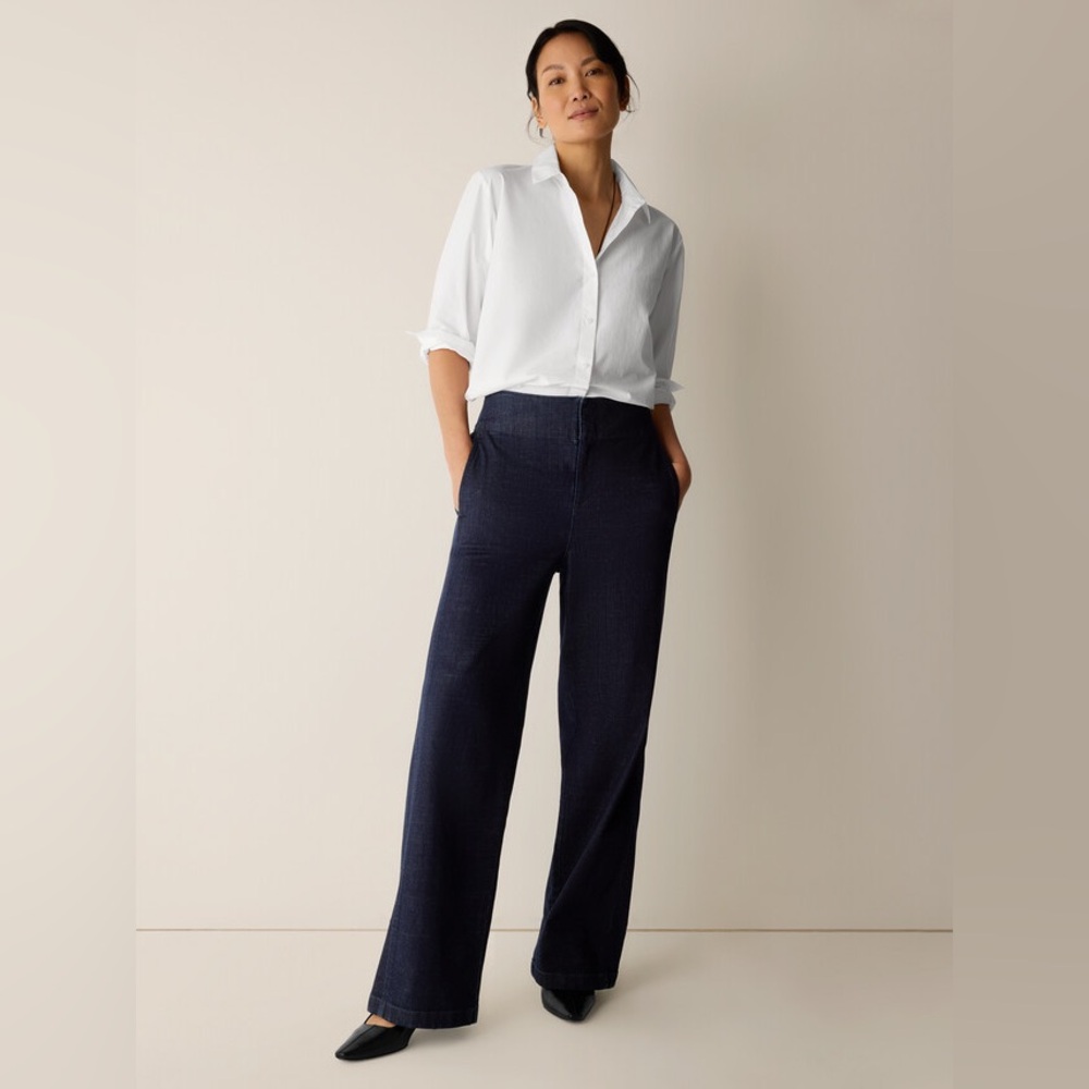 NWT Eileen Fisher Cotton Stretch Denim Wide-Leg Trouser in Deep Indigo